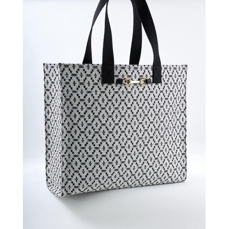 ELISABETTA FRANCHI Borsa shopper grande in rafia con tessuto jacquard Elisabetta Franchi