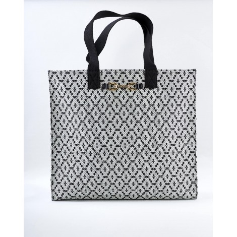 ELISABETTA FRANCHI Borsa shopper grande in rafia con tessuto jacquard Elisabetta Franchi