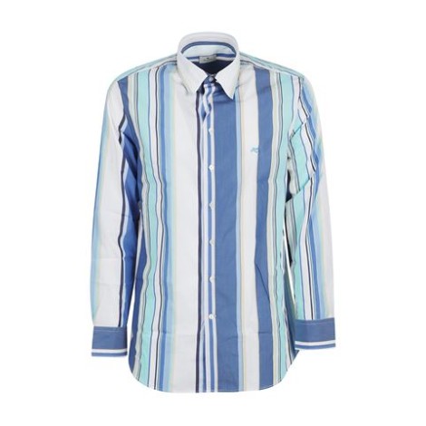 Camicia di Etro, da uomo, nei toni dell'azzurro. Realizzata in cotone. Colletto classico, maniche lunghe e chiusura con bottoni. Decorata da una stampa a righe è impreziosita dal Pegaso simbolo della Maison. Vestibilità regolare. 