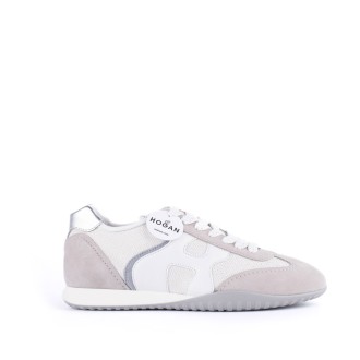Sneakers Olympia in pelle grigia e tessuto lurex bianco