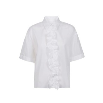 Camicia di Robert Friedman, da donna, colore bianco. Modello colletto classico, con rouches frontale e maniche corte ampie. 