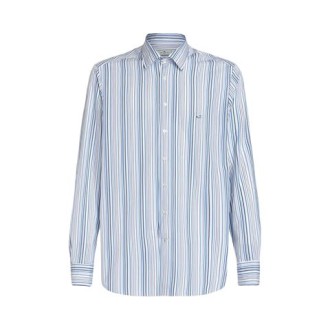 Camicia di Etro, da uomo, colore bianco e azzurro. Modello a maniche lunghe, realizzato in cotone. Caratterizzato da stampa a righe e simbolo logo. Colletto classico con chiusura a bottoni. Vestibilità regolare. 