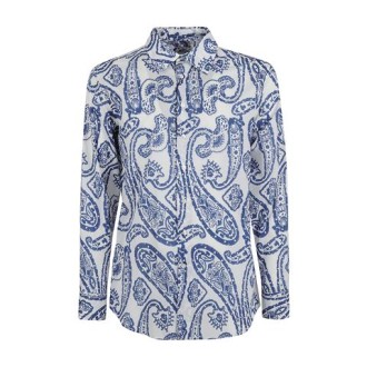 Camicia di Etro, da uomo, colore bianco e blu. Realizzata in cotone impreziosita da una stampa Paisley bandana all over a contrasto. Colletto a punta, maniche lunghe e polsini con doppio bottone. Vestibilità regolare. 