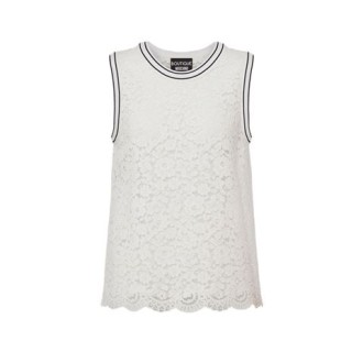 Top di Boutique Moschino, da donna, colore bianco. Modello smanicato, caratterizzato da dettaglio pizzo trasparente, bordi e scollo a costine con righe a contrasto. Fondo smerlato. Scollo tondo. Vestibilità regolare. 