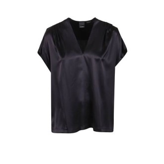 Camicia BREVE, di Pinko, da donna, colore nero. Modello a maniche corte, in satin. Caratterizzato da arricciature sulle spalle e scollo a V. Vestibilità regolare.  