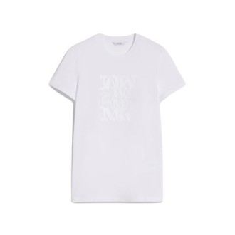 T-shirt TAVERNA, di Max Mara, da donna, colore bianco. Modello girocollo a maniche corte in morbido cotone tinta unita. Basic dalla linea dritta, impreziosito con motivo MaxMarabesque ricamato in filo di lurex e applicato sul davanti. 