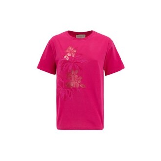 T-shirt di Ermanno, da donna, colore fucsia. Modello a maniche corte, tinta unita. Caratterizzato da dettagli floreali in pizzo tono su tono. Scollo tondo. Vestibilità regolare. 